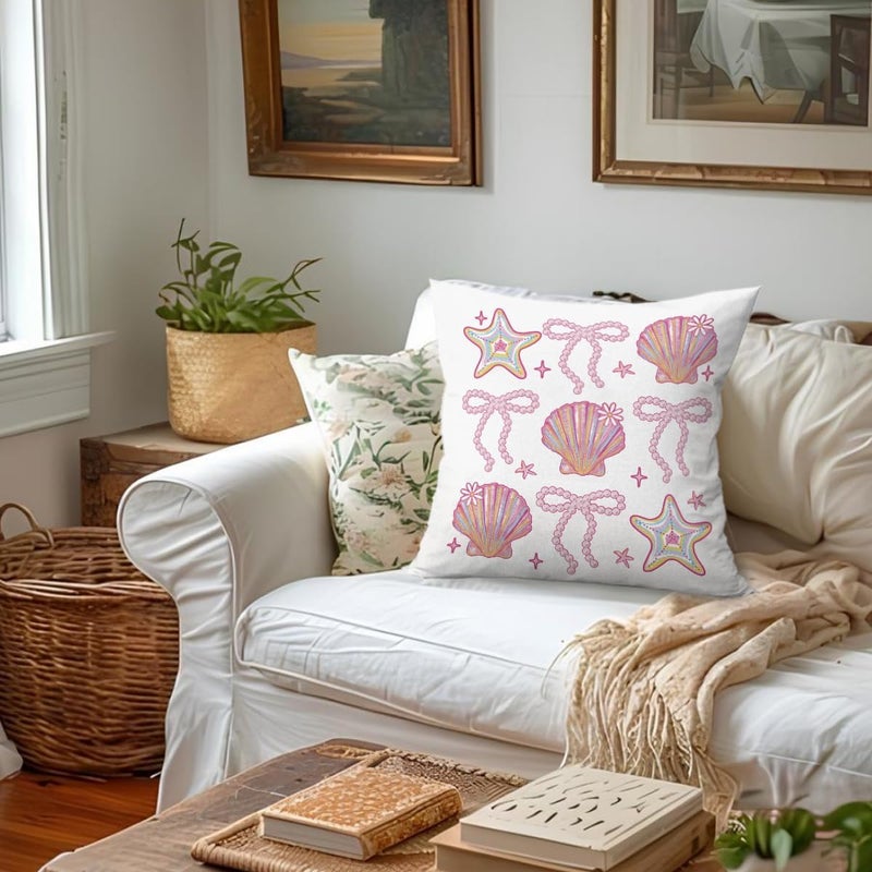 ETVISO Preppy Beach Room Decor, Coastal Glitter Seashell Bow Pillow Cover 18x18, Trendy Coquette Pearl Bow Seashells Decorative Throw Pillow Case for Girls Bedroom Home Drom Apartment - Image 4